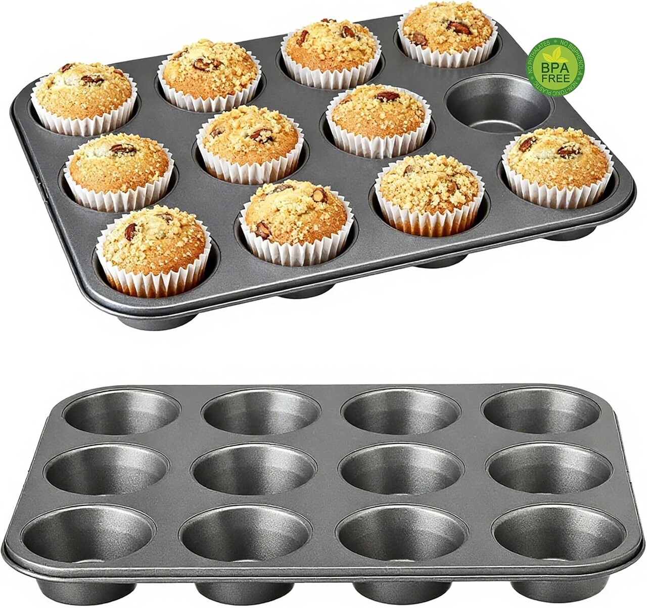 Muffin Pan for Baking – 12-Cup Nonstick Cupcake Tin, 2-Pack Carbon Steel Bakeware Set, Premium Cheesecake & Cup Cake Trays, Dishwasher Safe